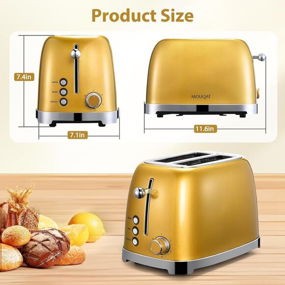 Gold 2 Slice Toaster, Wide Slot Stainless Steel, 6 Shade Settings, Bagel, Defros - Picture 3 of 7